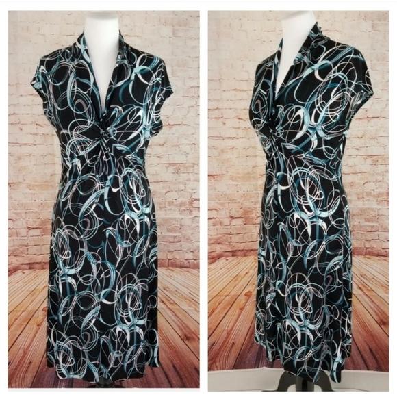 Cleo Petites 6P Black Teal Cap Sleeve Midi Dress - Picture 3 of 6